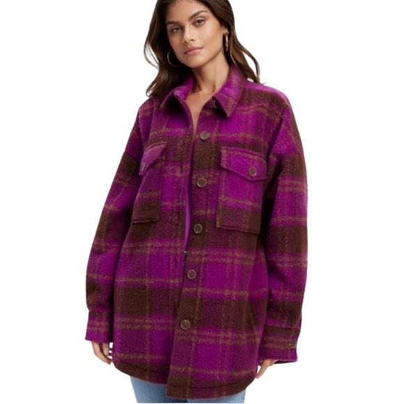 Good American Boyfriend Buffalo Plaid Shacket in Pop Thistle - Picture 2 of 14